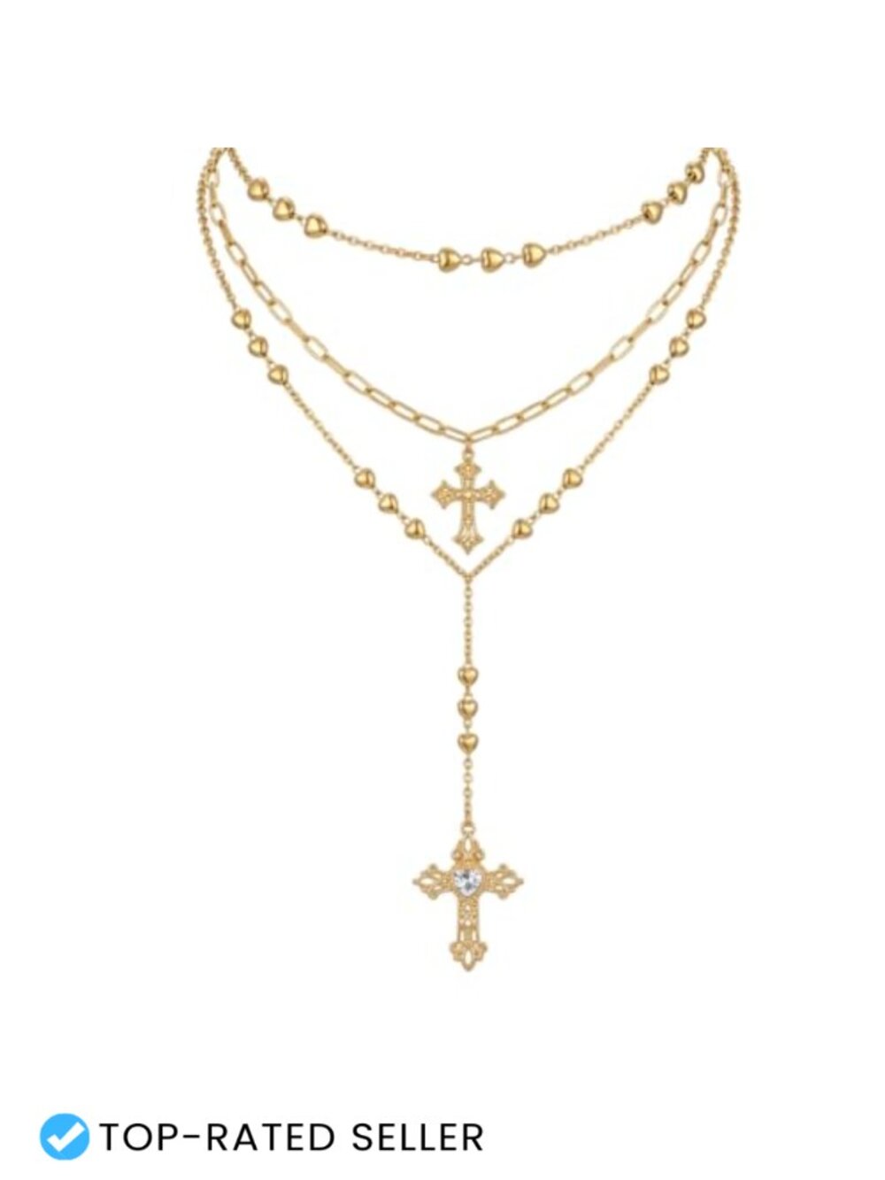 3 Layer Gold Tone Cross Necklace Set with Colorful Stones Extender Chain